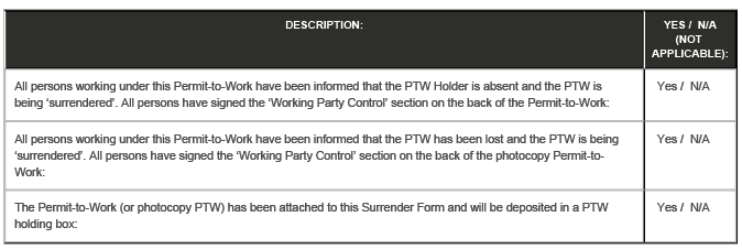 Permit To Work Surrender Form